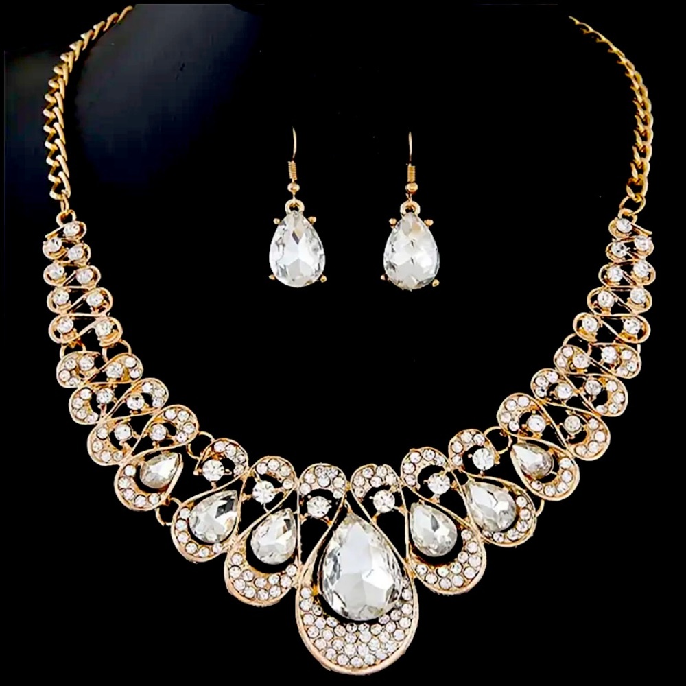 Callie Lives Elaine Demure CLEAR Gemstone Gold Necklace Teardrop Earrings